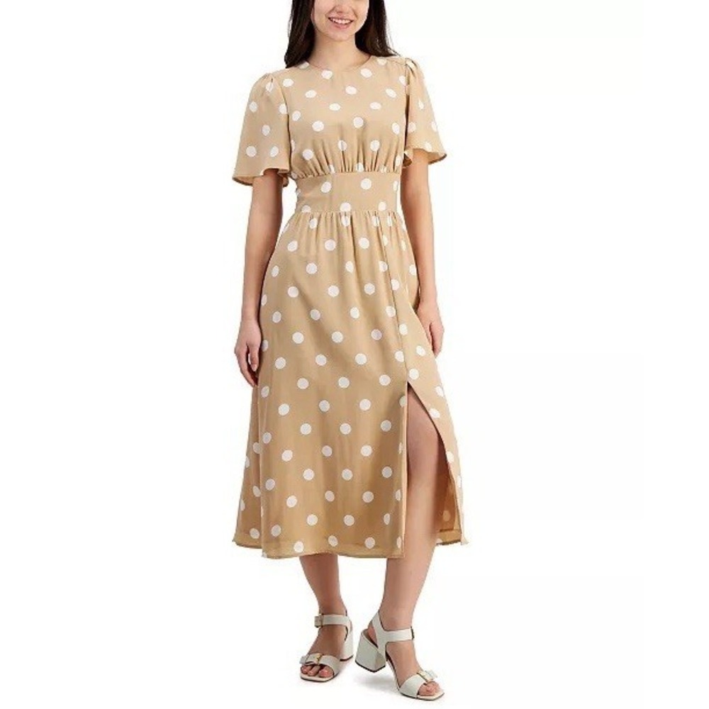 Juniors Women's Dress Size M Polka Dot Cutout Back Smocked Beige Resortcore